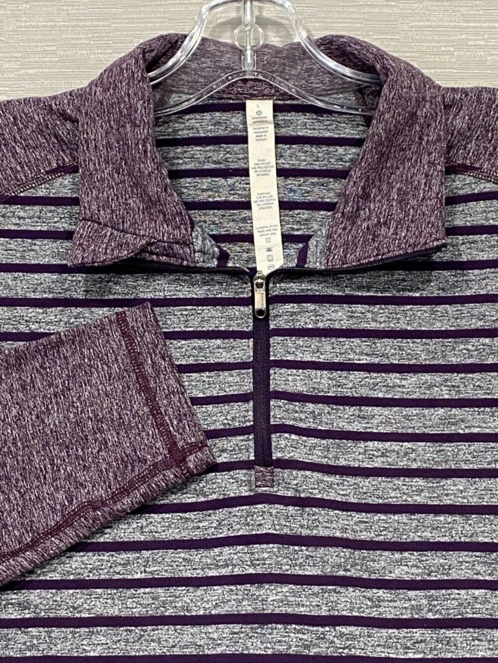 Lululemon 1/4 Zip Shirt Mens Large Purple Gray Striped Mock Neck Pullover